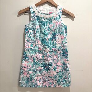 Lilly Pulitzer Girls 8 Sheath Dress Pink Teal Tropical Sleeveless Preppy